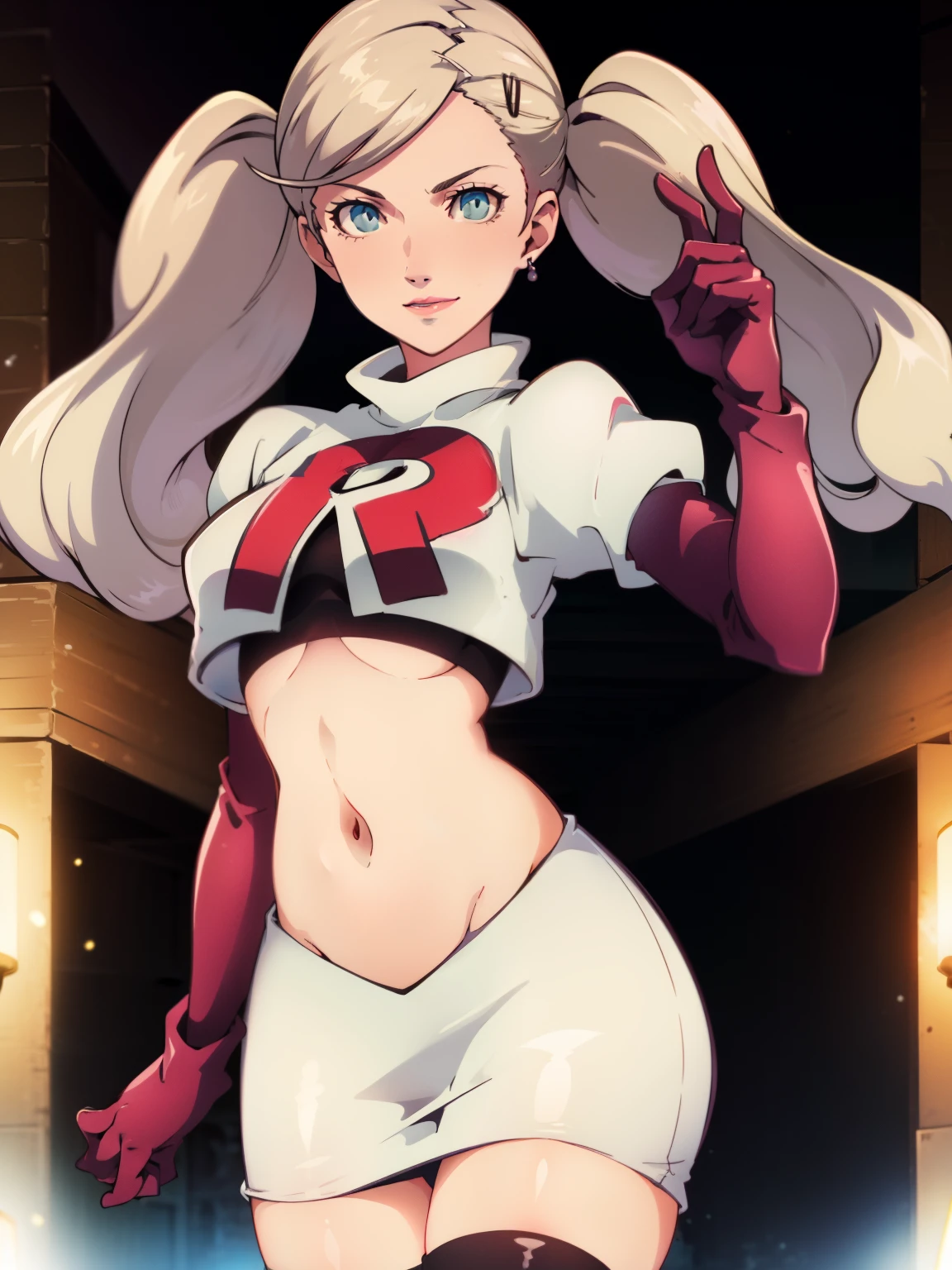 AnnTak, glossy lips ,team rocket uniform, red letter R, white skirt,white crop top,black thigh-high boots, black elbow gloves, evil smile, looking at viewer, cowboy shot