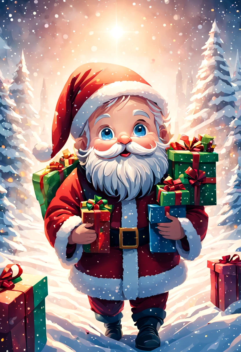 Winter scene，Illustration style，Cute illustration style Santa Claus carrying gifts，The entire scene is covered in snow and softly lit，hyper HD，epic sight of art