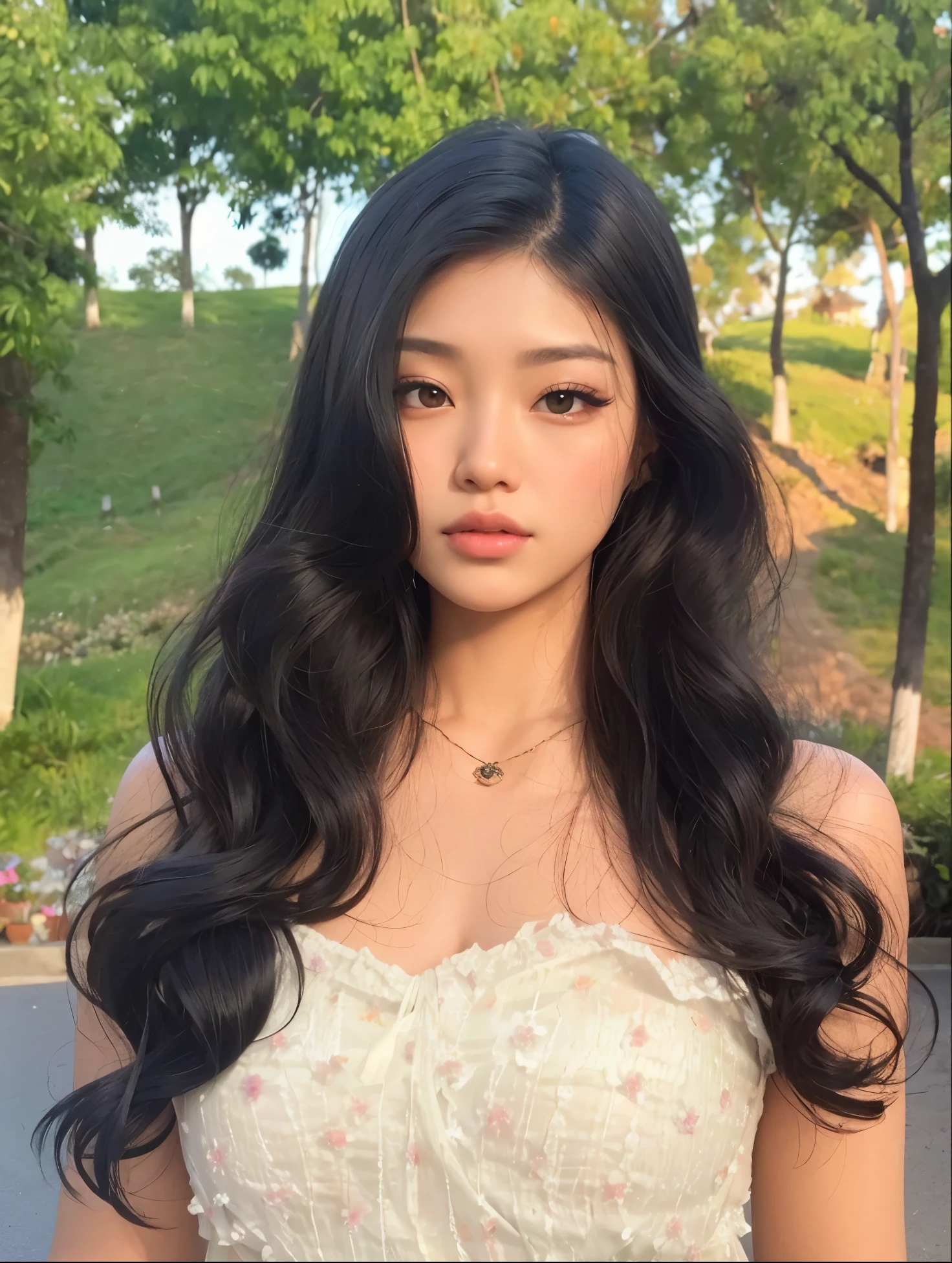 um close up de uma mulher com cabelo comprido usando um vestido, Asian girl with long hair, cabelos pretos longos ondulados, large eyes and flowing long hair, com cabelos longos e olhos penetrantes, asian features, longos cabelos negros ondulados, Beautiful Asian girl, linda mulher coreana jovem, ondulado longo - comprimento cabelo preto, Mulher sul-coreana bonita, cabelos pretos e olhos grandes