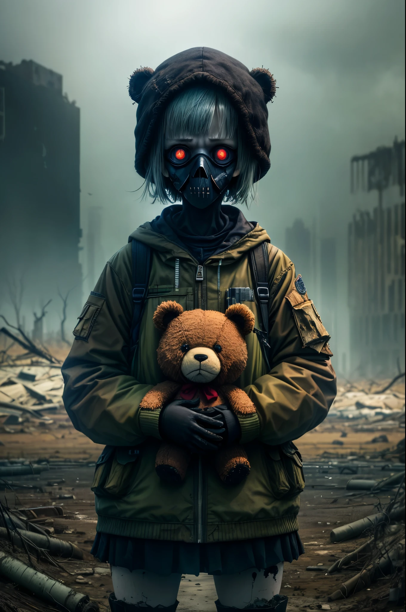 Lonely girl, holding teddy bear, nuclear wasteland, plants regaining territory, desolation, eerie atmosphere, (dark and moody:1.4), (loneliness:1.ost-apocalyptic:1.2).