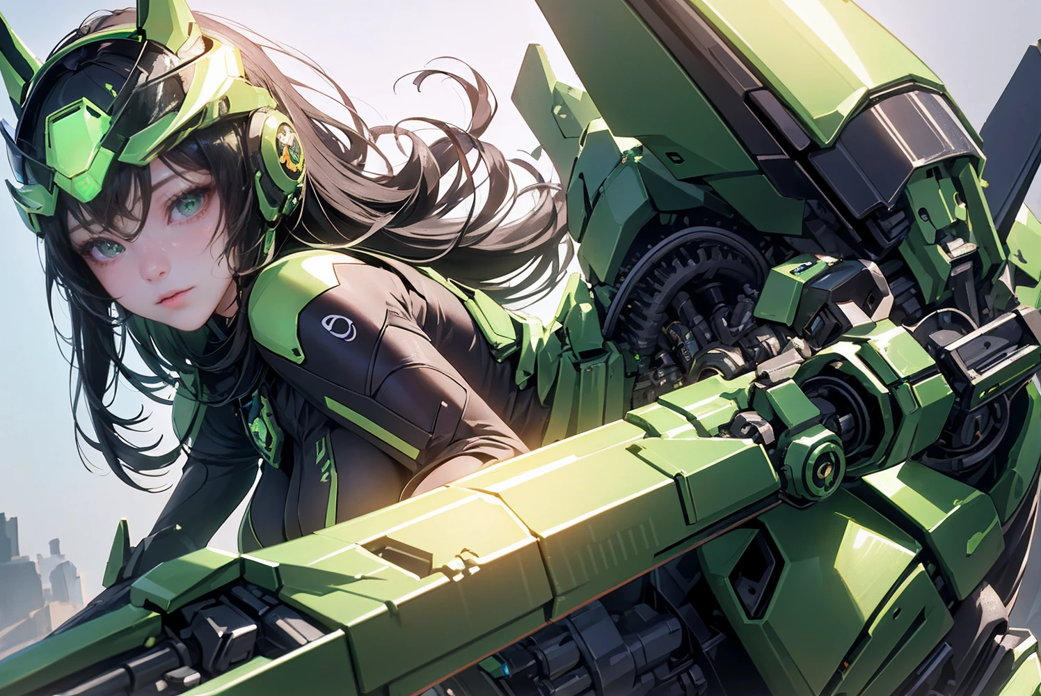 Highest image quality, outstanding details, ultra-high resolution, (realism: 1.4), the best illustration, favor details, highly condensed 1girl, with a delicate and beautiful face, dressed in a black and green mecha, wearing a mecha helmet, holding a directional controller, riding on a motorcycle, the background is a high-tech lighting scene of the future city.