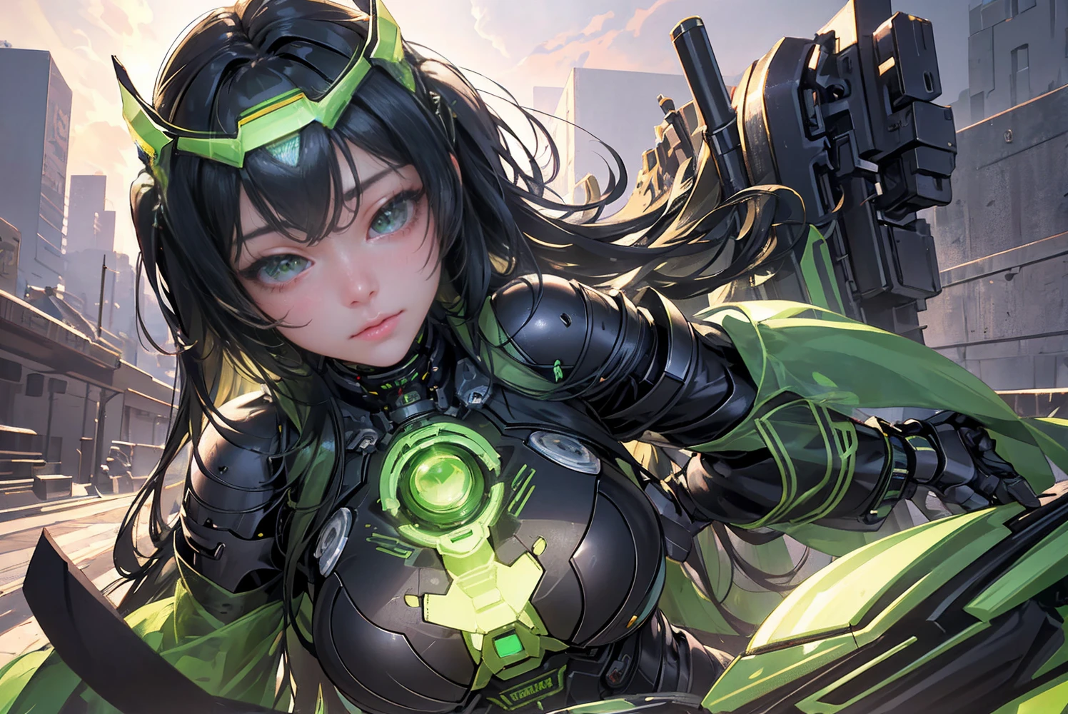 Highest image quality, outstanding details, ultra-high resolution, (realism: 1.4), the best illustration, favor details, highly condensed 1girl, with a delicate and beautiful face, dressed in a black and green mecha, wearing a mecha helmet, holding a directional controller, riding on a motorcycle, the background is a high-tech lighting scene of the future city.