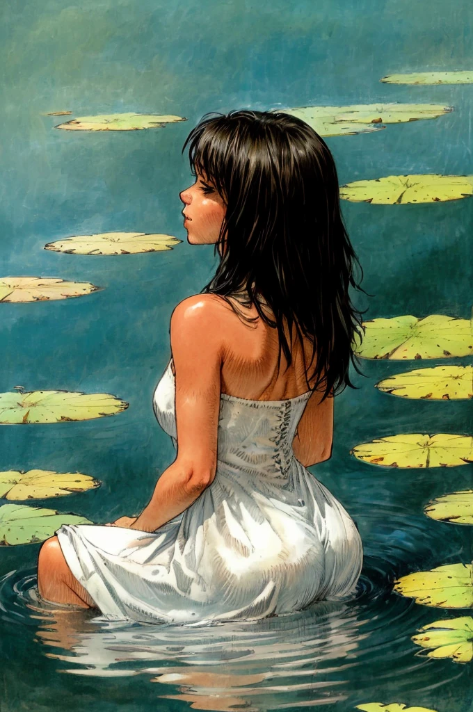 (side profile for a female face:1.1) A tranquil scene of a beautiful female figure sitting in a shallow water pond, surrounded by lily pads and tall reeds. She is gazing serenely into the distance, her eyes half-closed and her lips slightly parted. Her long, flowing hair cascades down her back, dripping with water. Her arms are crossed over her chest, as if to shield herself from the world. The lighting is soft and muted, with gentle shadows cast across her skin. The scene is highly detailed, with intricate ripples and reflections in the water, and subtle patterns in the vegetation.