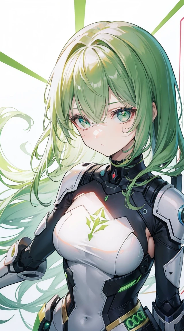 1girl, cabelos verdes, olhos verdes, Peitos grandes, terno mecha, laser, Despedido, deite-se, bloquear destino