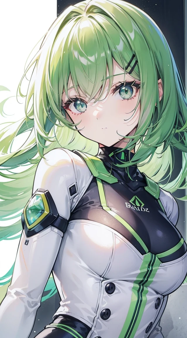 Her personality is a natural beauty with emerald green hair and bangs, long hair, high neck clothes, and cute poses.