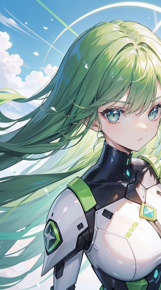top-quality, hight resolution, 8K images,best qualtiy,hight resolution、A cute girl no matter who you look at、Tsundere、Highly detailed CG Unity 8K wallpapers,1girl in, 独奏, greenhair, Anime Shoujo Solo、 Absolute area、Looking at the camera、(Illustration ratio:1.1)、is standing、Inside the spaceship、Rider Suit, Starry sky outside the window, Fine fingers, weightless, SF, kosmos, Space Colony