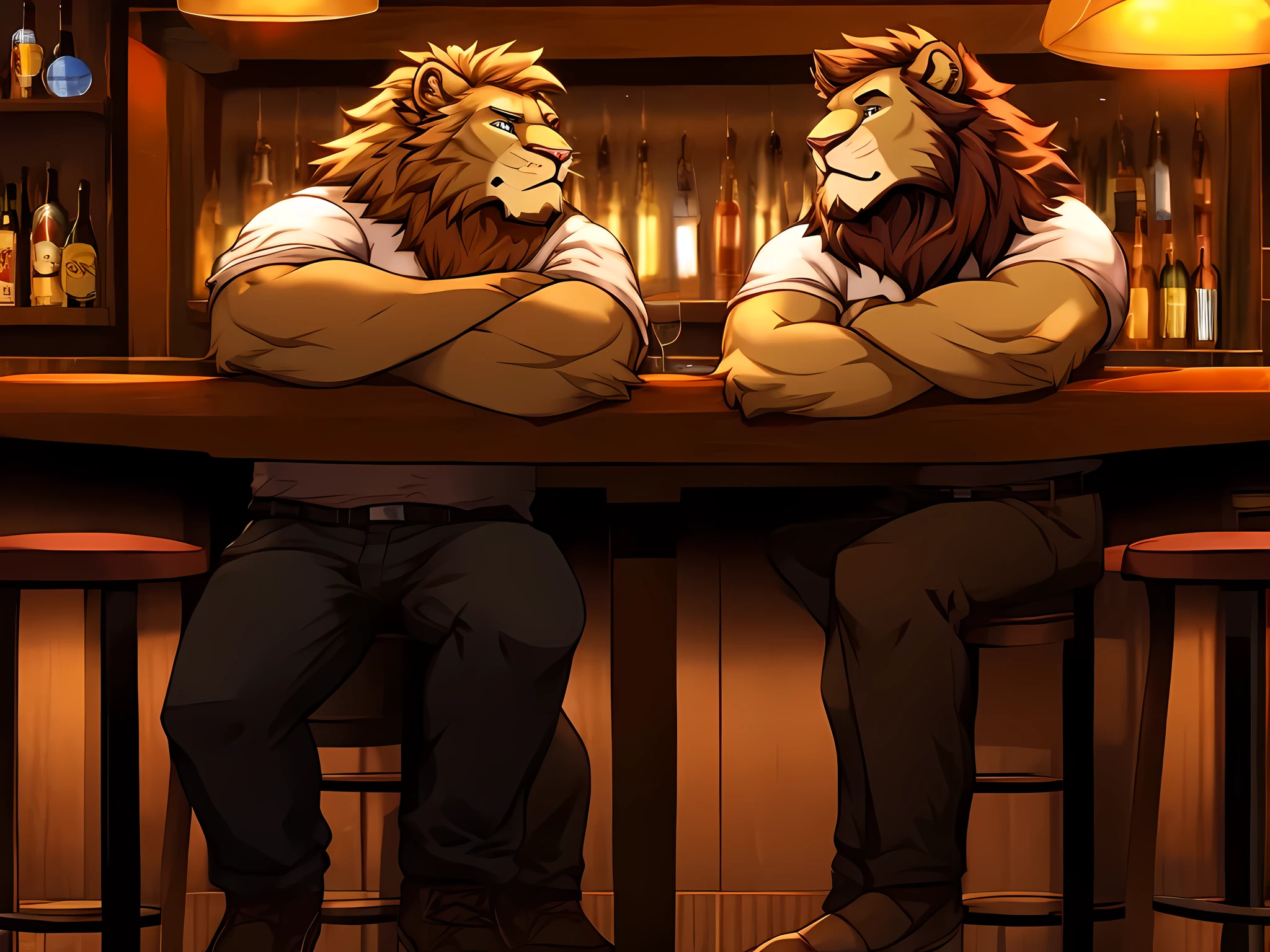 Dos leones bebiendo cerveza en un bar.