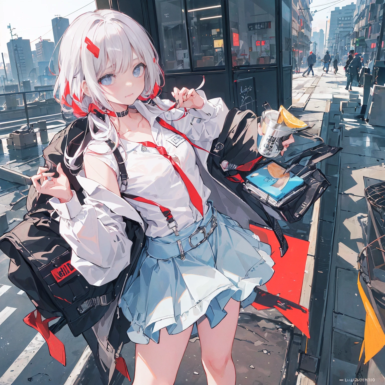 1girl, sozinho, Loli, pequeno, (muito_Longas_Hair), (Rosa_Hair:1.2), plaits, (vermelho_olho), medium_seios, (Branco_camisa:1.5), (Jacket), (Off_ombro:1.2), (retrato), brilhante_olho, Background Story_Luz, (Cityscape:1.5), (saia plissada, )(neon light_Luzs:1.2), (ciencia), Cyberpunk, ((master part)), (mais alto_qualidade), (altamente_circunstanciado), (Original),(Delicate Background Story),(extremely circunstanciado 8K wallpaper),cinematic Luzing, volume Luzing, Luz particles, sombrio_rosto, Beautiful_circunstanciado_olho, profundidade_Of_campo, perspectiva,
