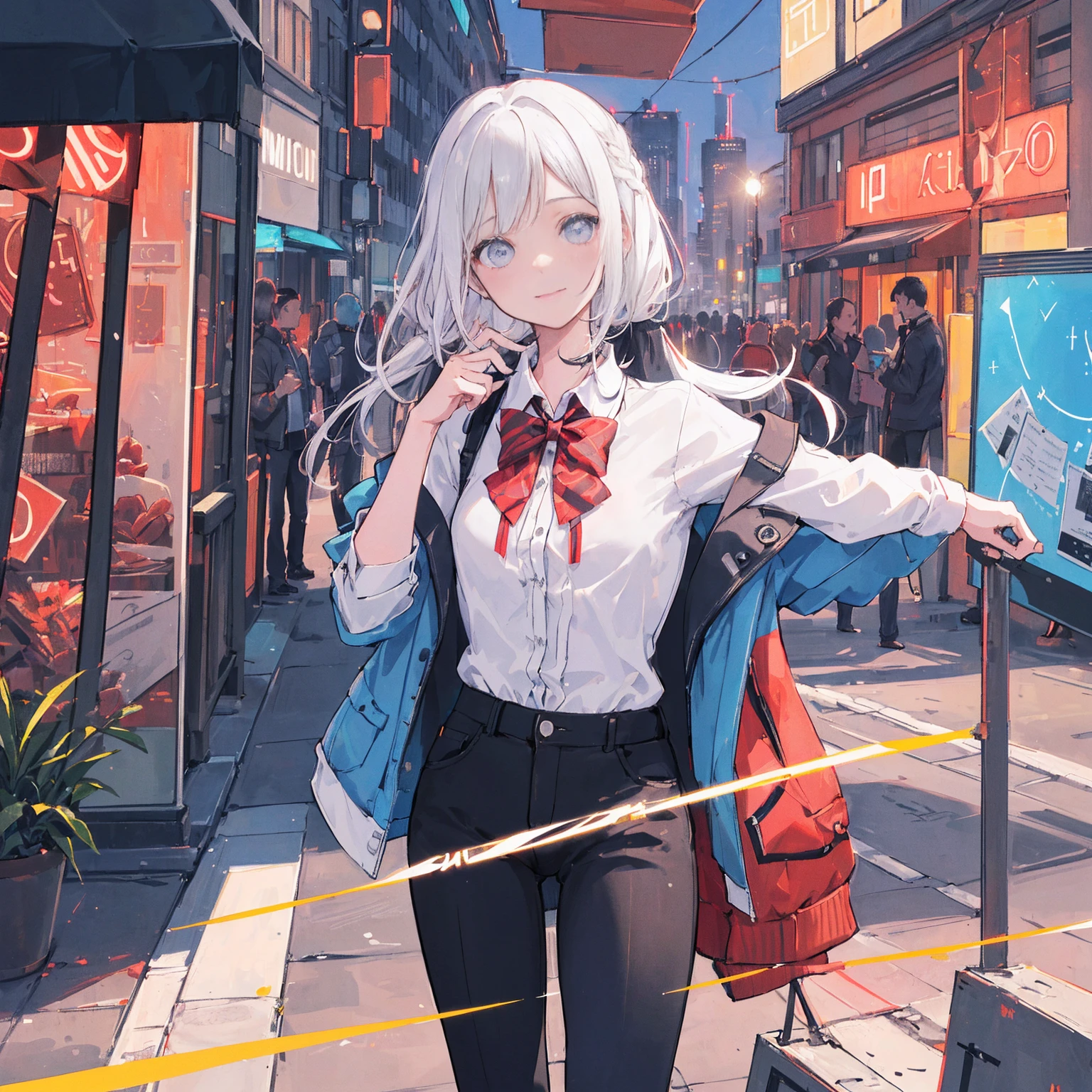 1girl, sozinho, Loli, pequeno, (muito_Longas_Hair), (Rosa_Hair:1.2), plaits, (vermelho_olho), medium_seios, (Branco_camisa:1.5), (Jacket), (Off_ombro:1.2), (retrato), brilhante_olho, Background Story_Luz, (Cityscape:1.5), (saia plissada, )(neon light_Luzs:1.2), (ciencia), Cyberpunk, ((master part)), (mais alto_qualidade), (altamente_circunstanciado), (Original),(Delicate Background Story),(extremely circunstanciado 8K wallpaper),cinematic Luzing, volume Luzing, Luz particles, sombrio_rosto, Beautiful_circunstanciado_olho, profundidade_Of_campo, perspectiva,