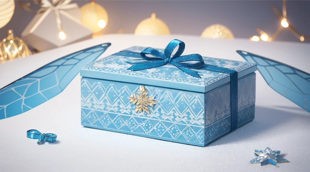 Ultra complex surface decoration texture，Beautifully decorated Christmas gift box，Light blue-white tones，quality，The gift box features an intricate pattern of wings and Christmas decorations，large quantity，Spectacular