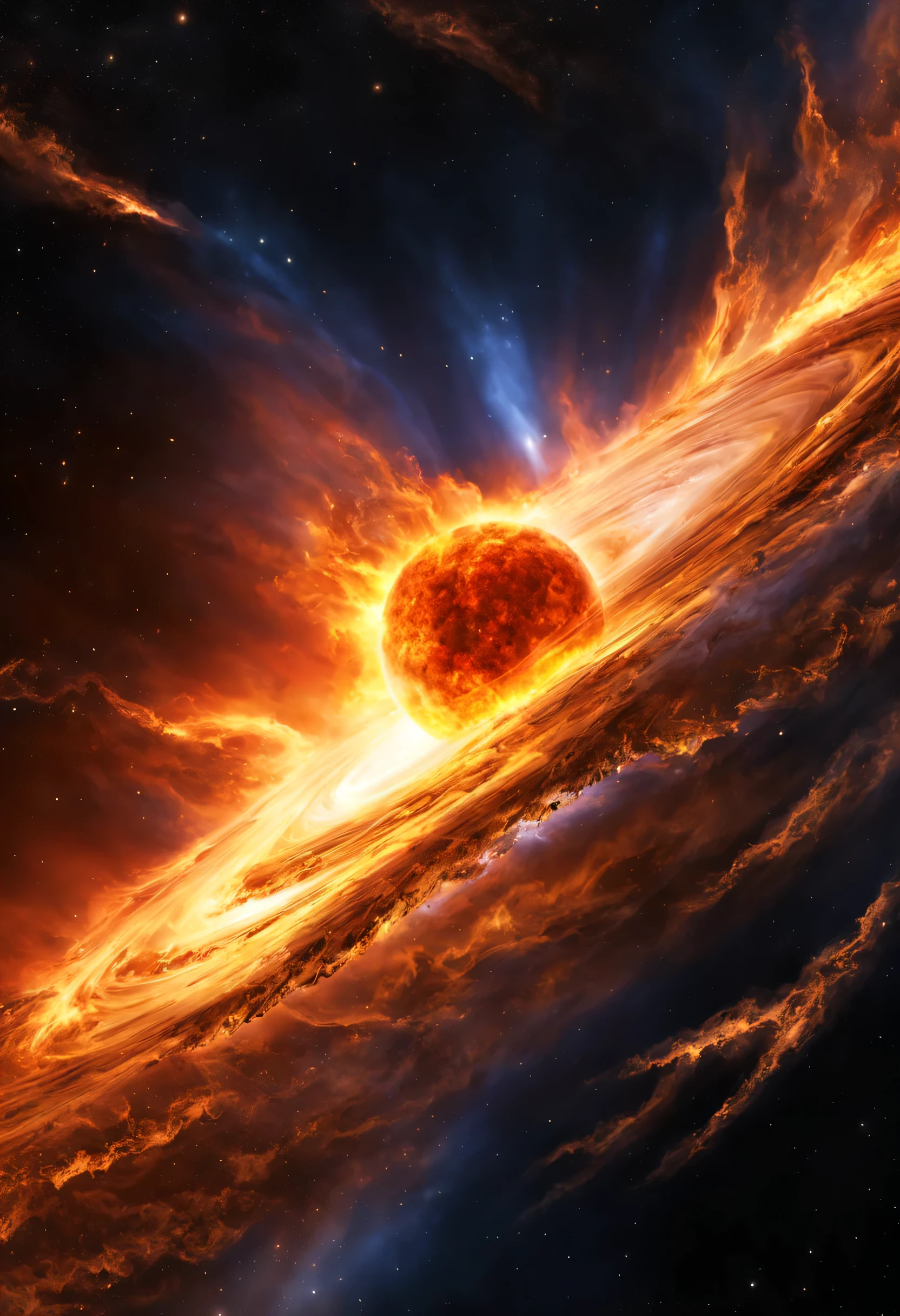 A magnificent solar storm scatters pieces of fire in space, it's very textured and realistic. Magnificent