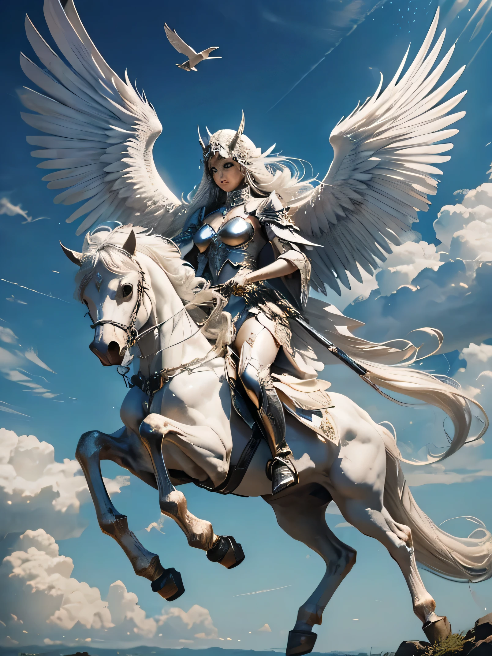 White pegasus with three pairs of angelic wings along its body, sobrevoando um abismo de nuvens densas, bronze mascara