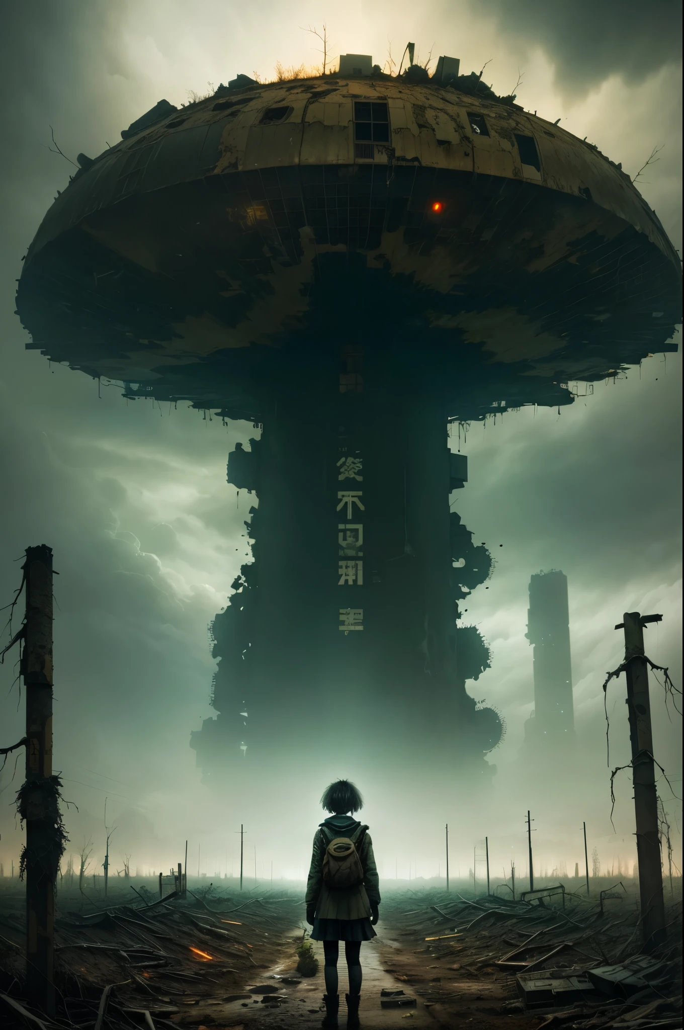 Lonely girl, holding teddy bear, nuclear wasteland, plants regaining territory, desolation, eerie atmosphere, (dark and moody:1.4), (loneliness:1.ost-apocalyptic:1.2).