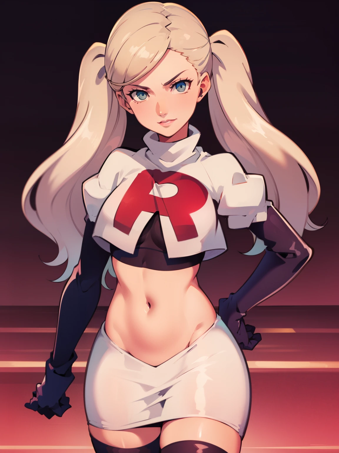 AnnTak, glossy lips ,team rocket uniform, red letter R, white skirt,white crop top,black thigh-high boots, black elbow gloves, evil smile, looking at viewer, cowboy shot, arms crossed