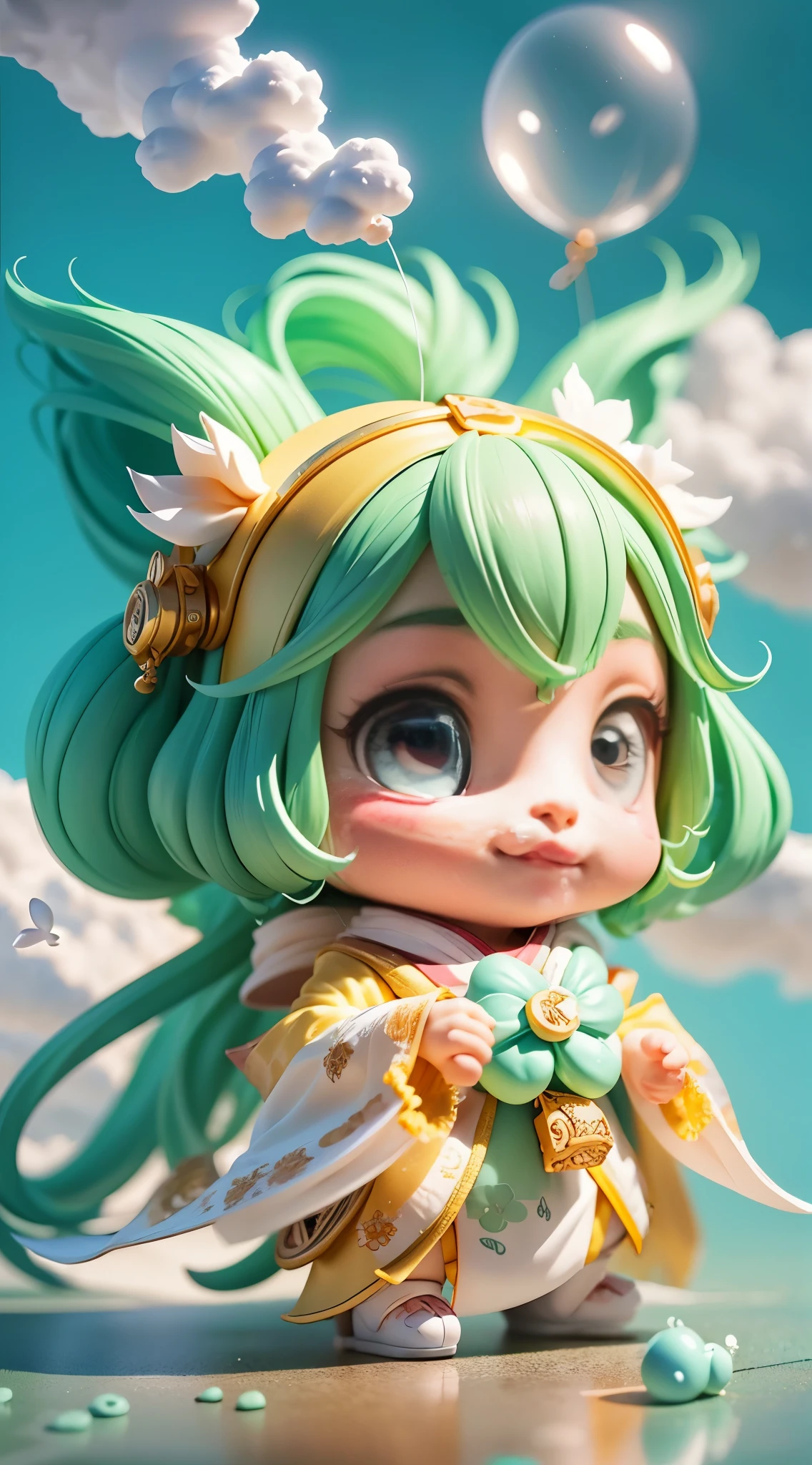 ratz, Small eyes, Happy smile, (wearing Hanfu), Long hair, Furry, Soft ((Best Quality)), ((masutepiece)), (hairaccessories)( Extreme Detail, Supreme Detail, Official art, Beauty and aesthetics:1.2), depth of fields, Composition ( (Whole body) ), (Chibi), (Beautiful and detailed eyes: 1.3), (Very happy: 1) (light mint green and gradient white), popmart blind box, Clay texture, (Transparent balloons, cloud decorative background), Natural light, Best Quality, Super Detail, 3D Art, C4D, blender, OC Renderer, 3D Rendering, 8K