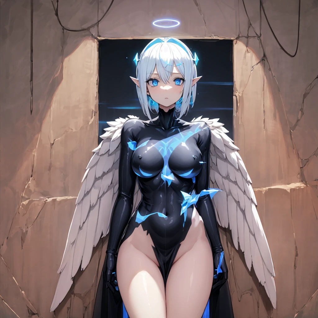 Female harpy, mind control device, white wings, blue eyes, medium breasts, holographic halo, holographic headset, ((naked))