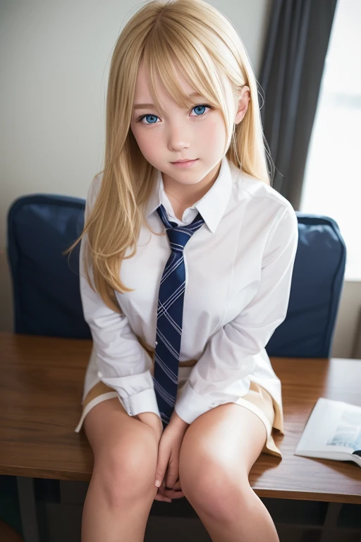 a very cute blonde 14yo girl, school uniform, looking at viewer, sitting, raw photo