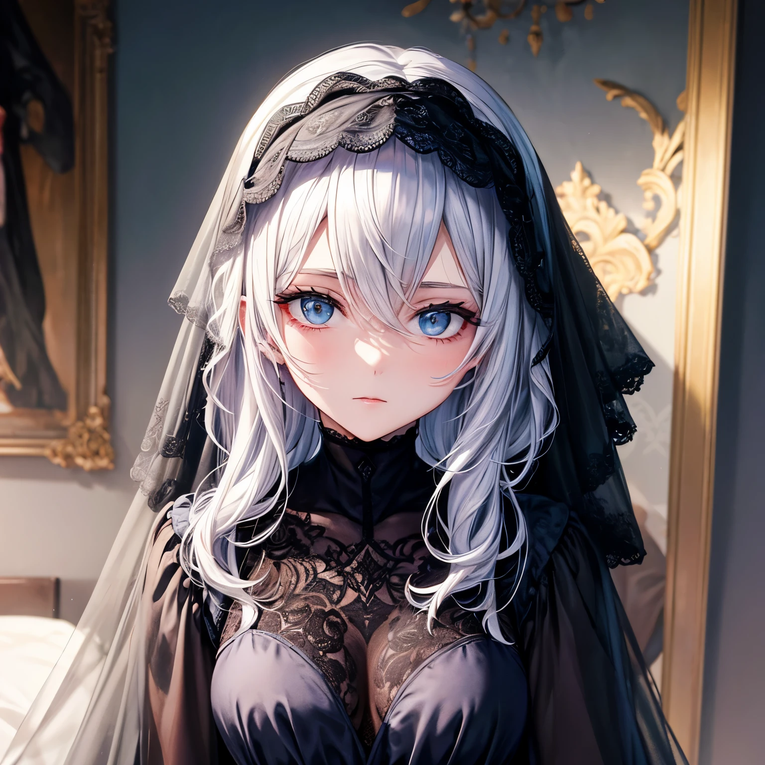 Peinture, d’un ton mélancolique avec une femme couverte d’un niqab dont on voit pas les yeux et qui est couverte en noir, dans les bras d’un homme dont on le voit pas le visage