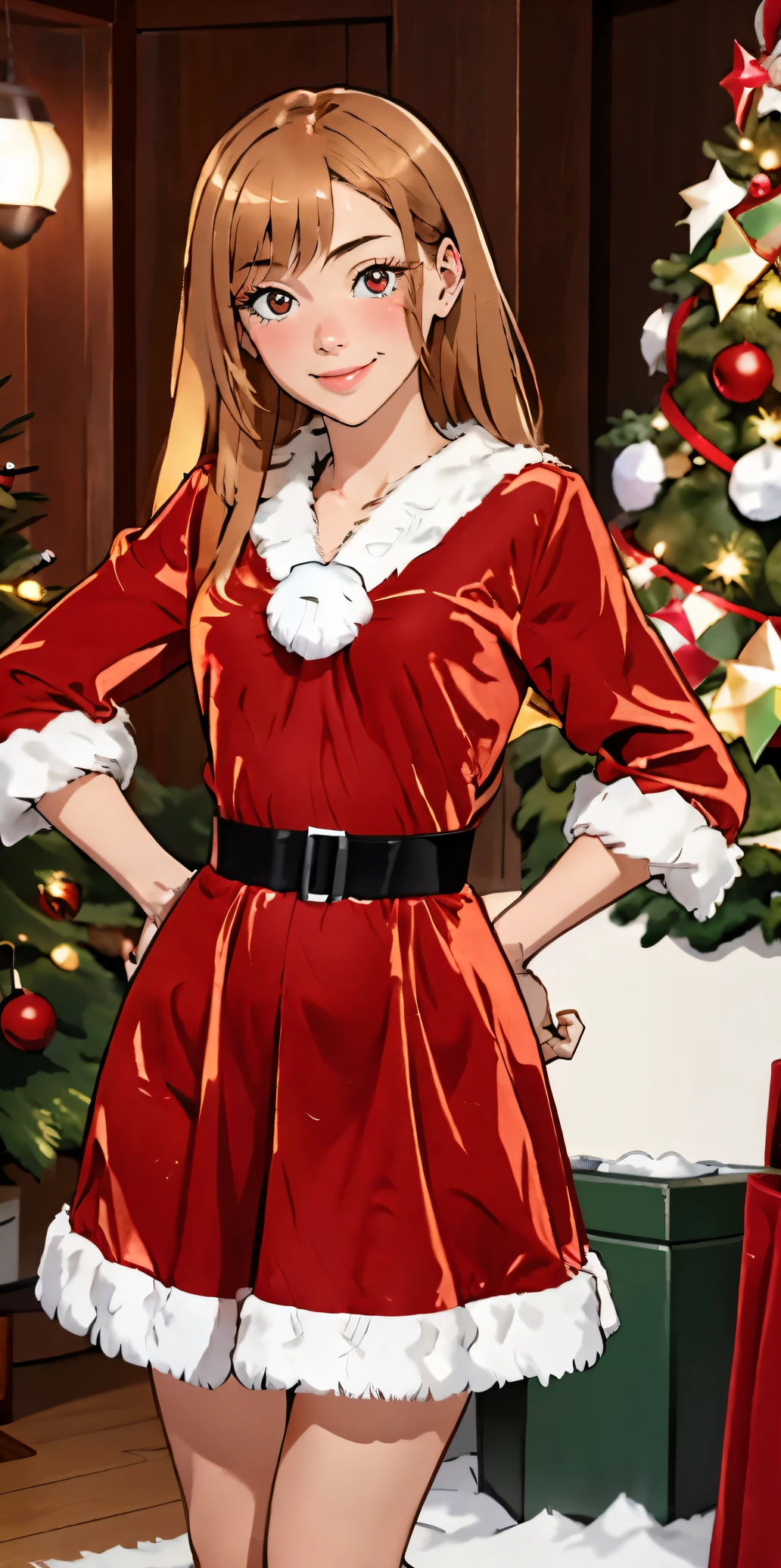 Masterpiece, 1girl, solo, 4k, high-res, perfect anatomy, girl in a red santa outfit posing in front of a christmas tree, marin kitagawa,Smiling