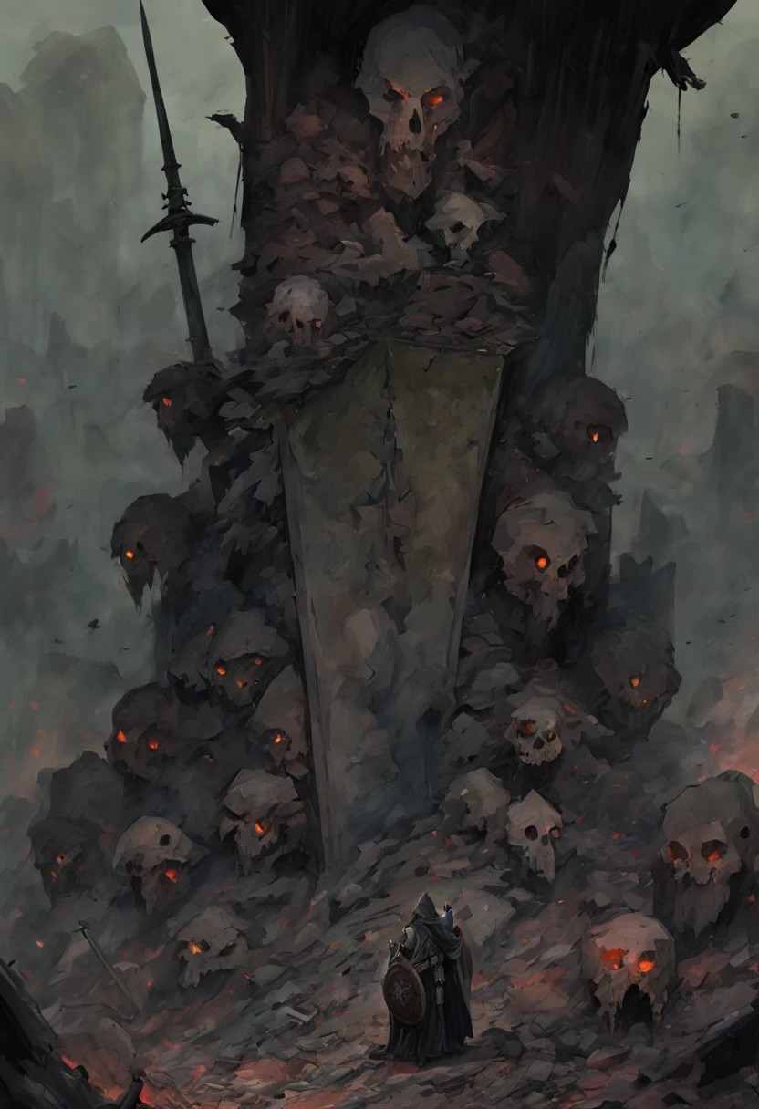 guardian,traveler,village,kingdom,Sadness,sorrow,big sword,shield,detritus,destruction,ghotic,necromancy,death.