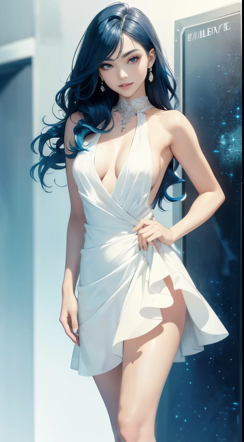 (A photo of full body), Beautiful face, Highly detailed face and skin texture, (Detailed eyerown eyes, Double eyelids, Thin eyebrows, Glitter eyeliner: 1.2, Natural cheeks, Shiny skin, Fair skin, (((with elegant dress))), (Shiny lips: 1. 4), (Seductive smile), (20 years old), (Wavy hair, Diagonal banglack and blue hair)), mid hair, ((full body shot)), Medium large breasts, Upturned breasts.