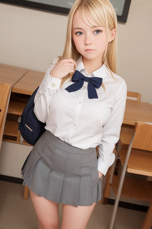 a very cute blonde 14yo girl, school uniform, looking at viewer, bottomless, raw photo