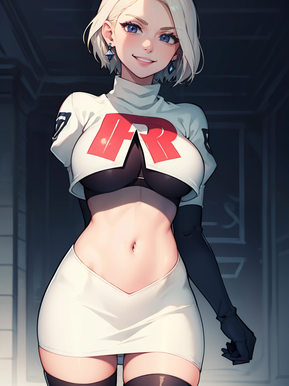 warMercedes, short hair, earings ,glossy lips ,team rocket uniform, red letter R, white skirt,white crop top,black thigh-high boots, black elbow gloves, evil smile, looking at viewer, cowboy shot, arms crossed