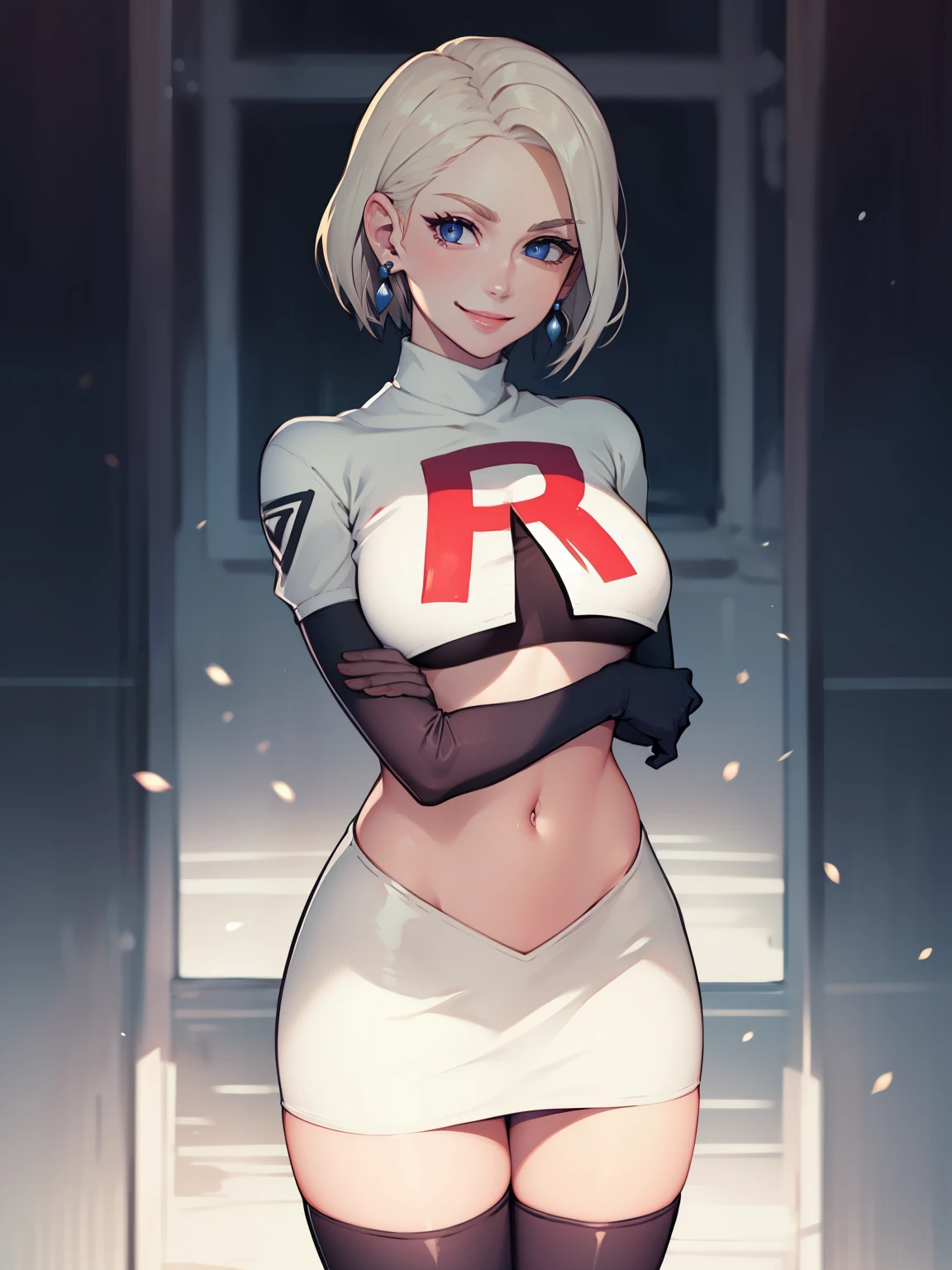 warMercedes, short hair, earings ,glossy lips ,team rocket uniform, red letter R, white skirt,white crop top,black thigh-high boots, black elbow gloves, evil smile, looking at viewer, cowboy shot, arms crossed