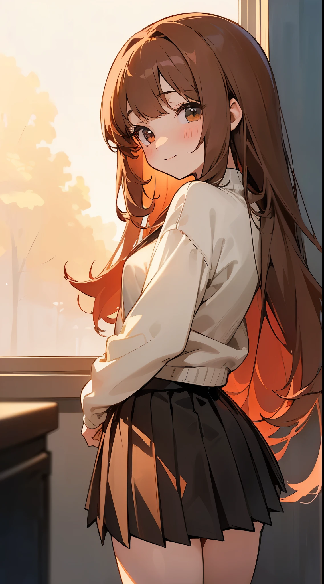 beautiful illustration, best quality, cute it girl, (One girl)、( masterpiece)、(best qualtiy)、(ultra-detailliert)、(a high chroma)、(CG Illustration)、((full-shot))、13 autiful schoolgirl、Delbeautiful face、(red blush)、((Long straight hair))、(A brown-haired)、(dishevled hair)、(Anime-style eyes:1.3)、((Light brown croa top sweater))、((black box pleated mini skirt))、(Translucent pantielack pleated skirt)、((no-bra))、A cup breasts、((turned around))、The best lighting、shores, loli, cute, sexy, resmiley starry eyes, closed mouth, smile, looking at the viewer, in bad, from behind,