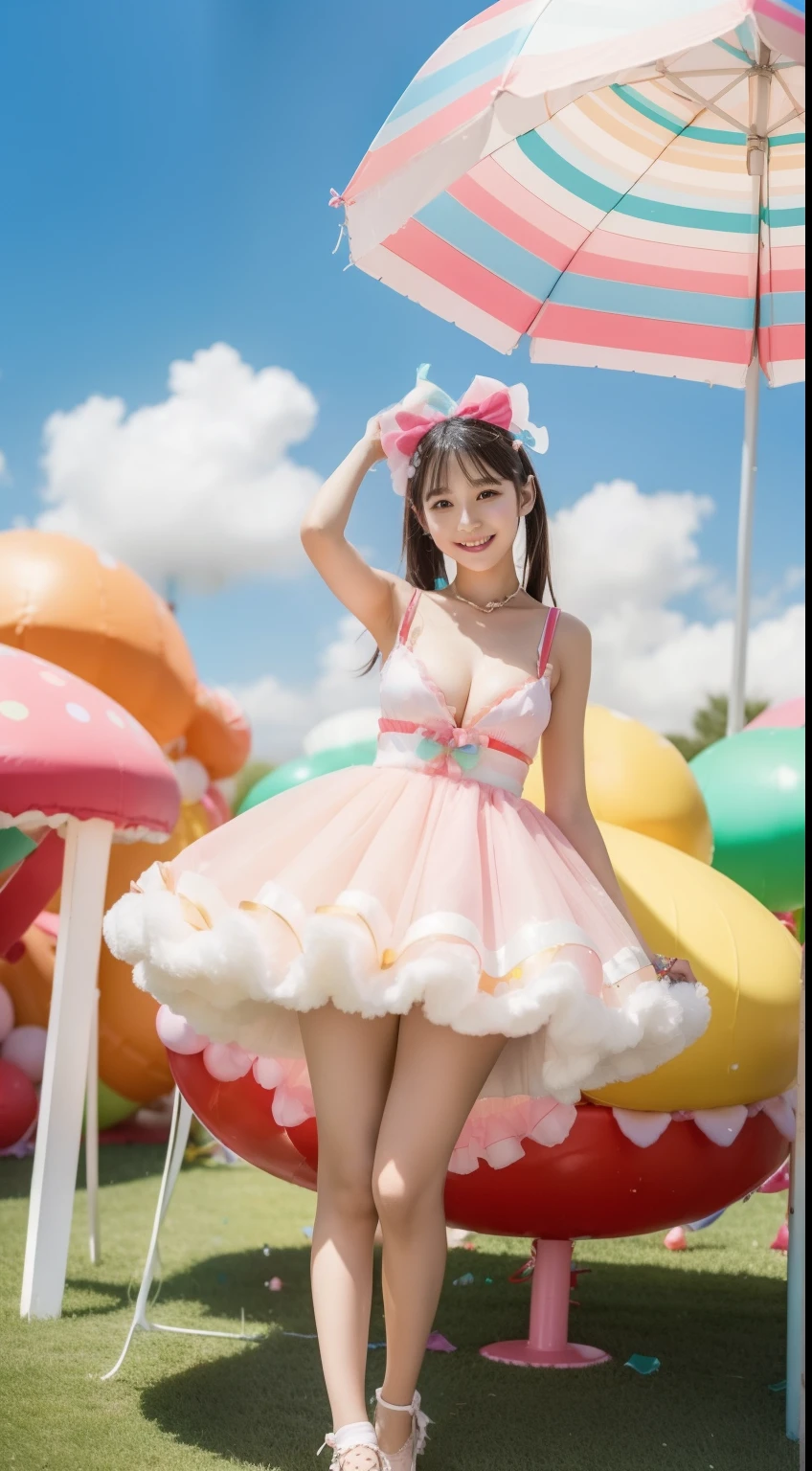 Fashion: Dress up in a colorful ensemble reminiscent of candy wrappers, Bright pastel cleavage and playful accessories、Colossal tits、. 2. Pose: Pose on a whim while holding a giant lollipop, Show off a carefree and fun attitude. 3. Background: Pose in front of a candy-themed background filled with oversized candies, cotton candy clouds, and Candy Cane Tree. 4. Candy Throne: Sit on a candy-style throne made with oversized gum drops, Surrounded by candy treasures. 5. Cupcake Delight: Lean on a giant cupcake prop, Wear clothes that match the color or matte of the cupcake. 6. Rainbow Pathway: Walk along a rainbow path made of candy pieces, Exude surprise and excitement. 7. Candy Rain: With colorful umbrella「Candy Rain」Capture the moment of, Standing under a shower of falling candies. 8. giant cream corn: Pose beside a giant  cream cone prop, A costume with a distinctive cream corn pattern and color.. 9. Candy Wonderland Swing: Playfully swing in candy cane swing in dreamy landscape of candy tree and candy floss clouds. 10. Gummy Bear Garden: Sit in the garden of oversized gummy bears, Wear a gummy bear-themed costume to match the colors of your candy garden