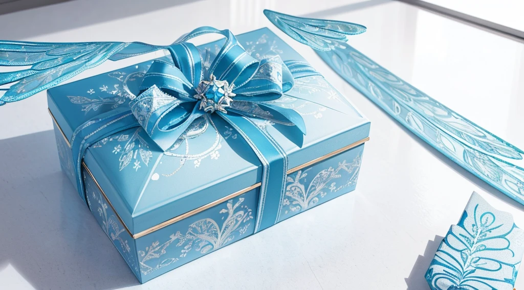 Ultra complex surface decoration texture,Beautifully decorated Christmas gift box,Light blue-white tones,quality,The gift box features an intricate pattern of wings and Christmas decorations,large quantity,Spectacular