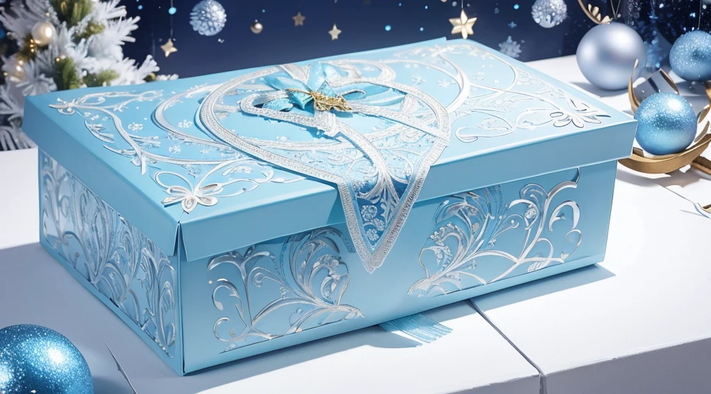 Ultra complex surface decoration texture,Beautifully decorated Christmas gift box,Light blue-white tones,quality,The gift box features an intricate pattern of wings and Christmas decorations,large quantity,Spectacular