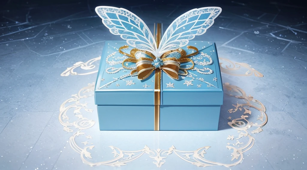 Ultra complex surface decoration texture,Beautifully decorated Christmas gift box,Light blue-white tones,quality,The gift box features an intricate pattern of wings and Christmas decorations,large quantity,Spectacular