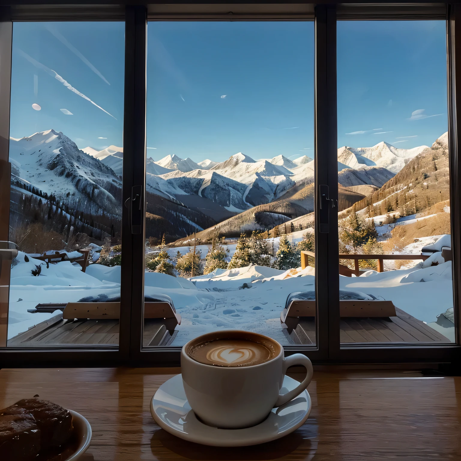 Cup of hot coffee in the foreground, winter mountain landscape in the background as window view
