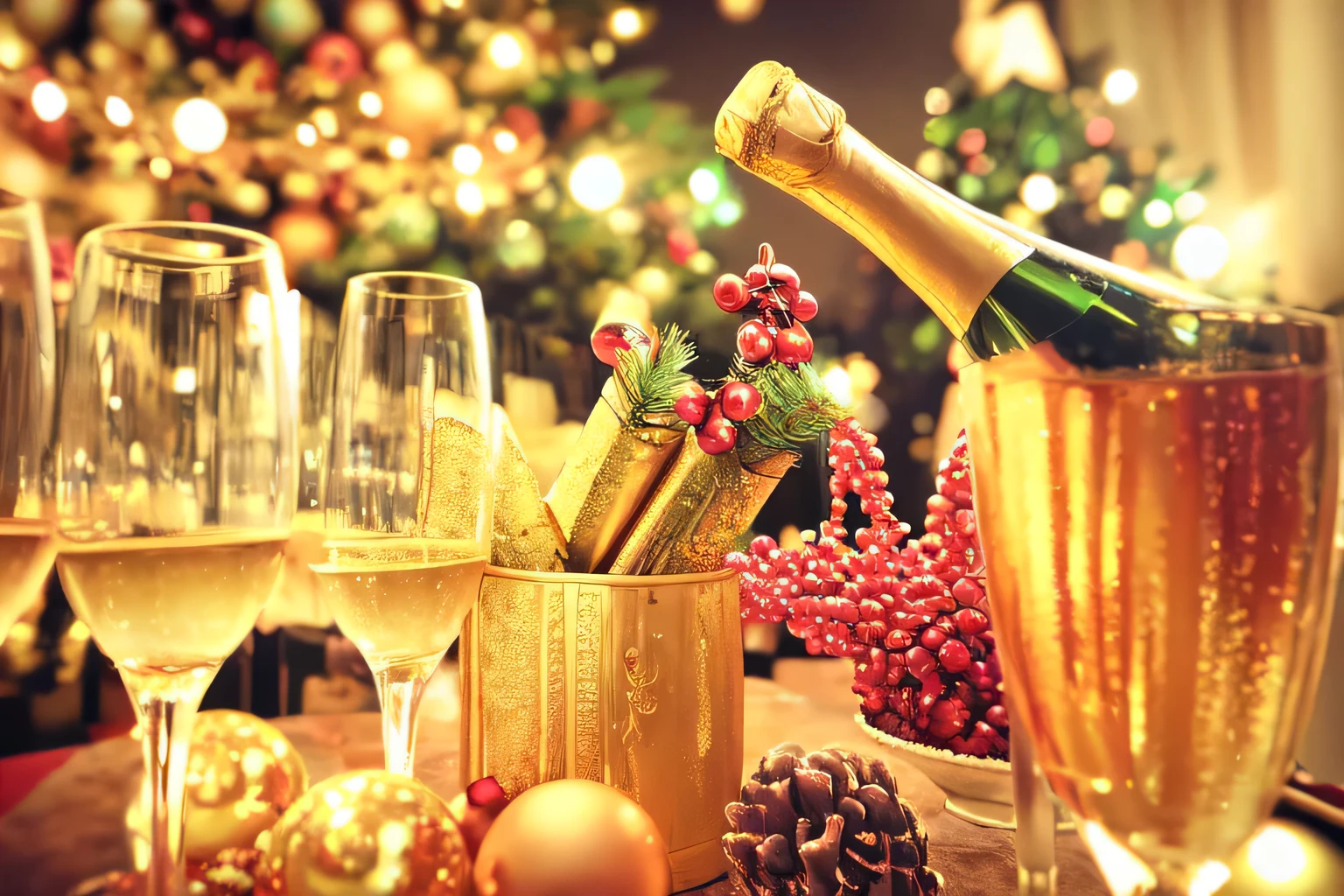 champagne bottles and glasses on a table with a Christmas tree in the background, atmosfera festiva, champanhe na mesa, feriado, new years eve, Shutterstock, atmosfera calorosa e alegre, Noite de Natal, exclusivo, holiday season, atmosfera cintilante, iStock, celebration, intrincada atmosfera cintilante, Nada:, holiday vibe, festivo, Destaque, beber champanhe, Miniatura