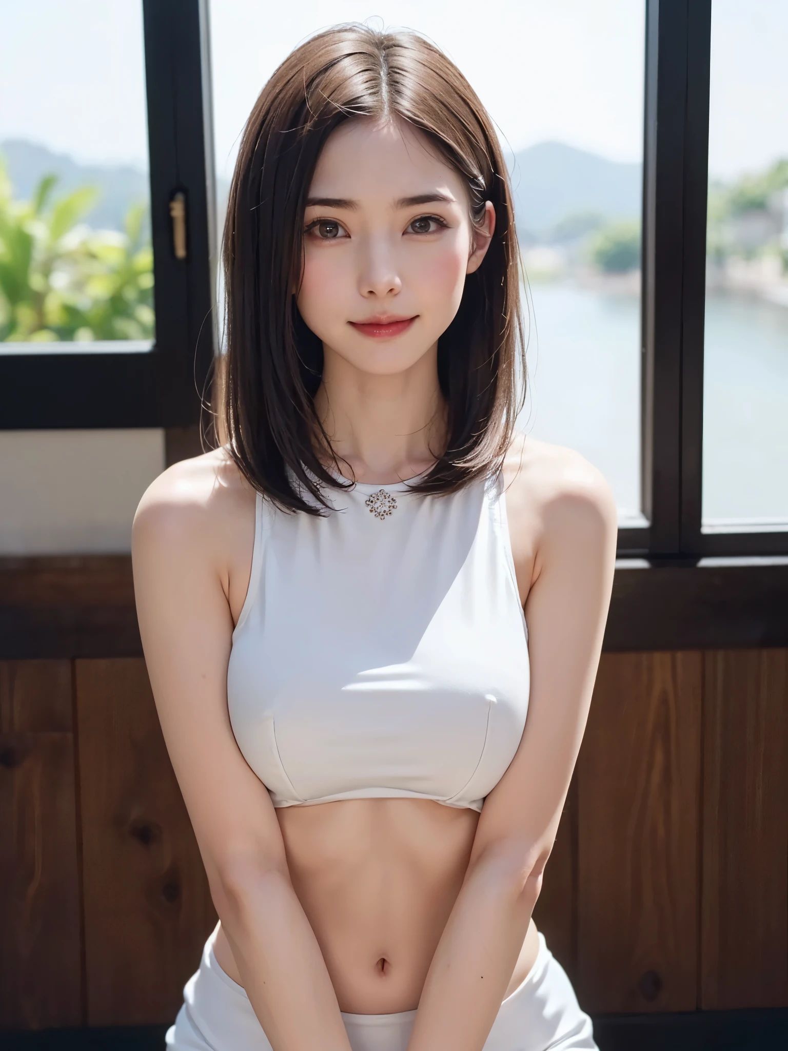 (masutepiece, top-quality、face focus focus、Armpit focus、navel focus、decolletage focus、underboob、Very attractive beauty、Add intense highlights to the eyes、Look firmly at the camera:1.4、A beautiful woman full of charm、Ideal ratio body proportions、Perfect Anatomy、Brunette Short Bob Hair:1.7、Lustrous hair:1.4、bangss:1.7、46 point 光沢のあるbangss:1.4、lipgloss),1girl in, report, Light brown shiny hair, muffler,realisitic, looking at the viewers、Tilt your head slightly, Bright colored crystal light blue eyes, short shiny hair、 White turtleneck outfit with a hole in the center of the chest,Sexy white turtleneck knit sweater with a round hole in the middle of the chest、 s lips, lipgloss, The upper part of the body、big eye、Lashes、A little red in the face、Embarrassing)、((Italian winter window scenery))、((short hair with big eyes、Put very strong highlights in your students、{Gigantic|Big|Huge|Mega} breasts:1.4、beautiful deep valley、very Bigger breasts:1.4、gazing at viewer、Very beautiful beauty、Put your ears out、Long and beautiful Zhu Lake 1.4、、smil、Happy:1.4、Beautiful teeth、Open your mouth and laugh、Very cute smile、Heart-shaped pupil))、28 year old、Very cute supermodel、(((bangss、光沢のあるbangss:1.6)))