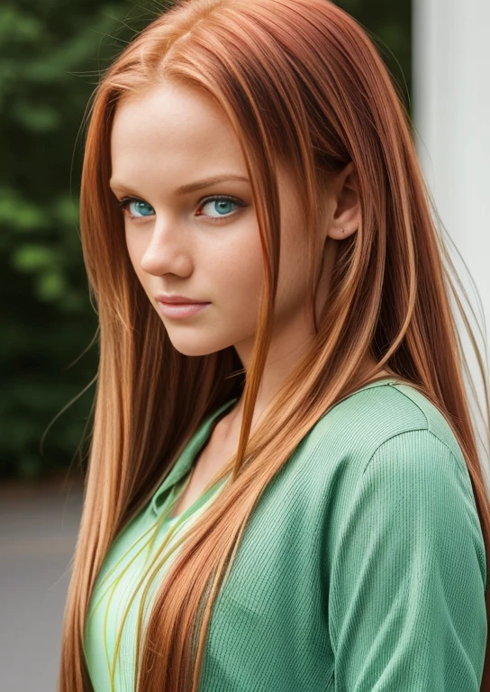 A photo of a beautiful girl with (long / short) ( redhead/blonde / brunette / ) hair and (green / brown / blue) eyes. She is wearing a (casual / formal / sporty) outfit and has a (happy / sad / serioupression on her face