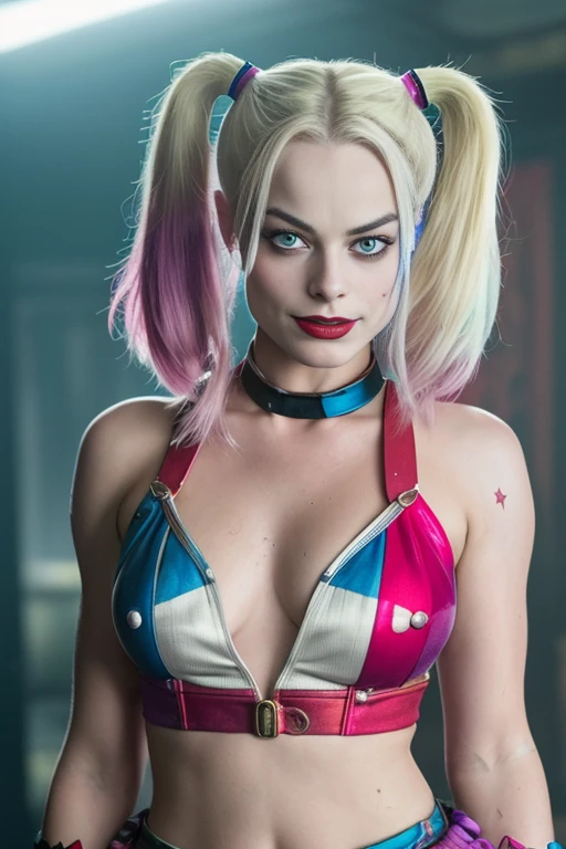 margot Robbie as Harley Quinn in Suicide Squad, full body, soft lighting, dynamic angle, realistic lighting, photo by Robert Adams, (natural skin texture, hyperrealism, soft light, sharp: 1.2), (intricate details: 1.12), hdr masterpiece, best quality, (highly detailed photo: 1.1), 8k, photorealistic, lewd | exposed | sweaty | eager