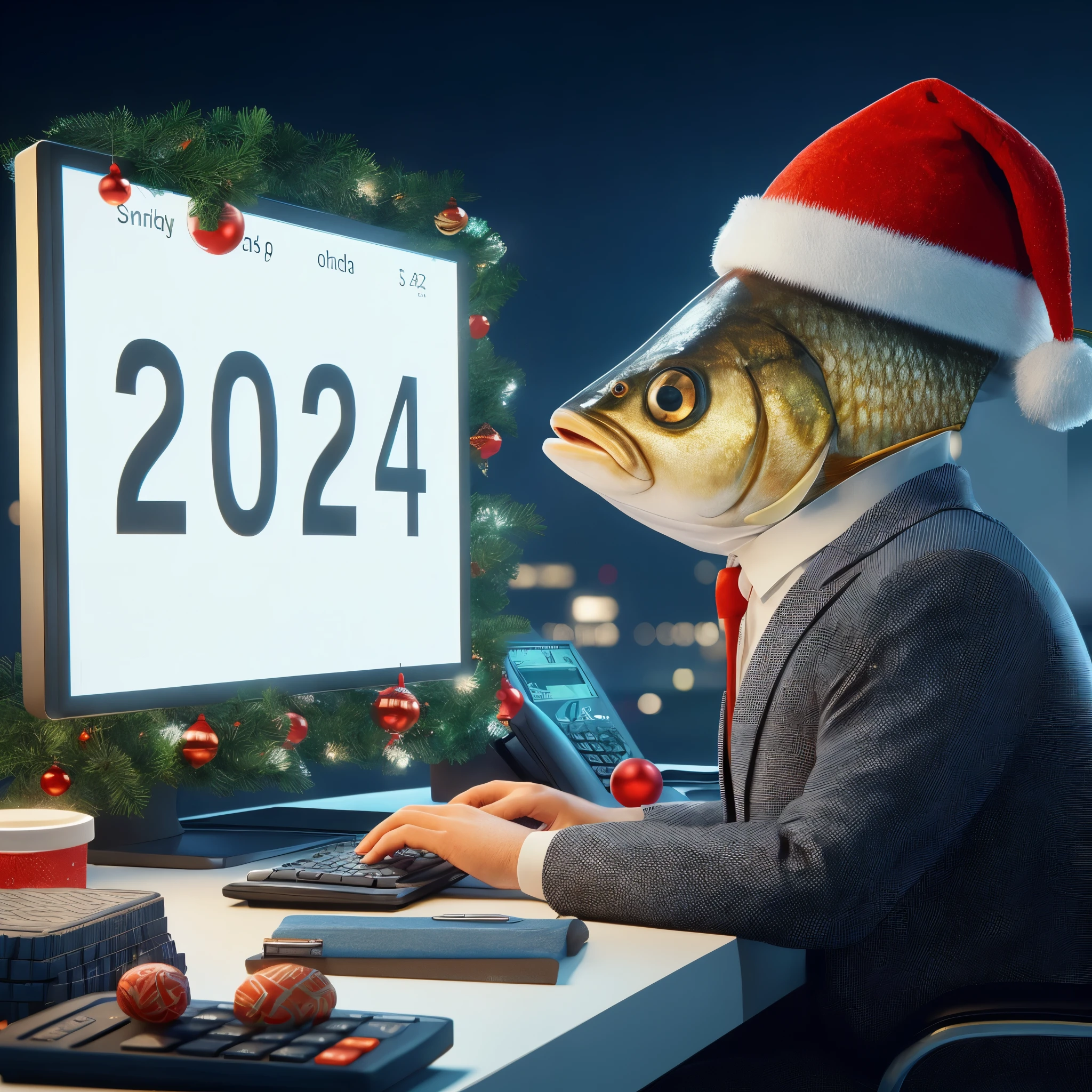 Dressed up fish - bank employee sitting at a computer terminal, large date on the calendar: '2024', festive New Year setting, anatomically correct, full frame, studio lighting, photorealistic, octane render, smooth, sharp focus, super quality, stunning New Year illustration