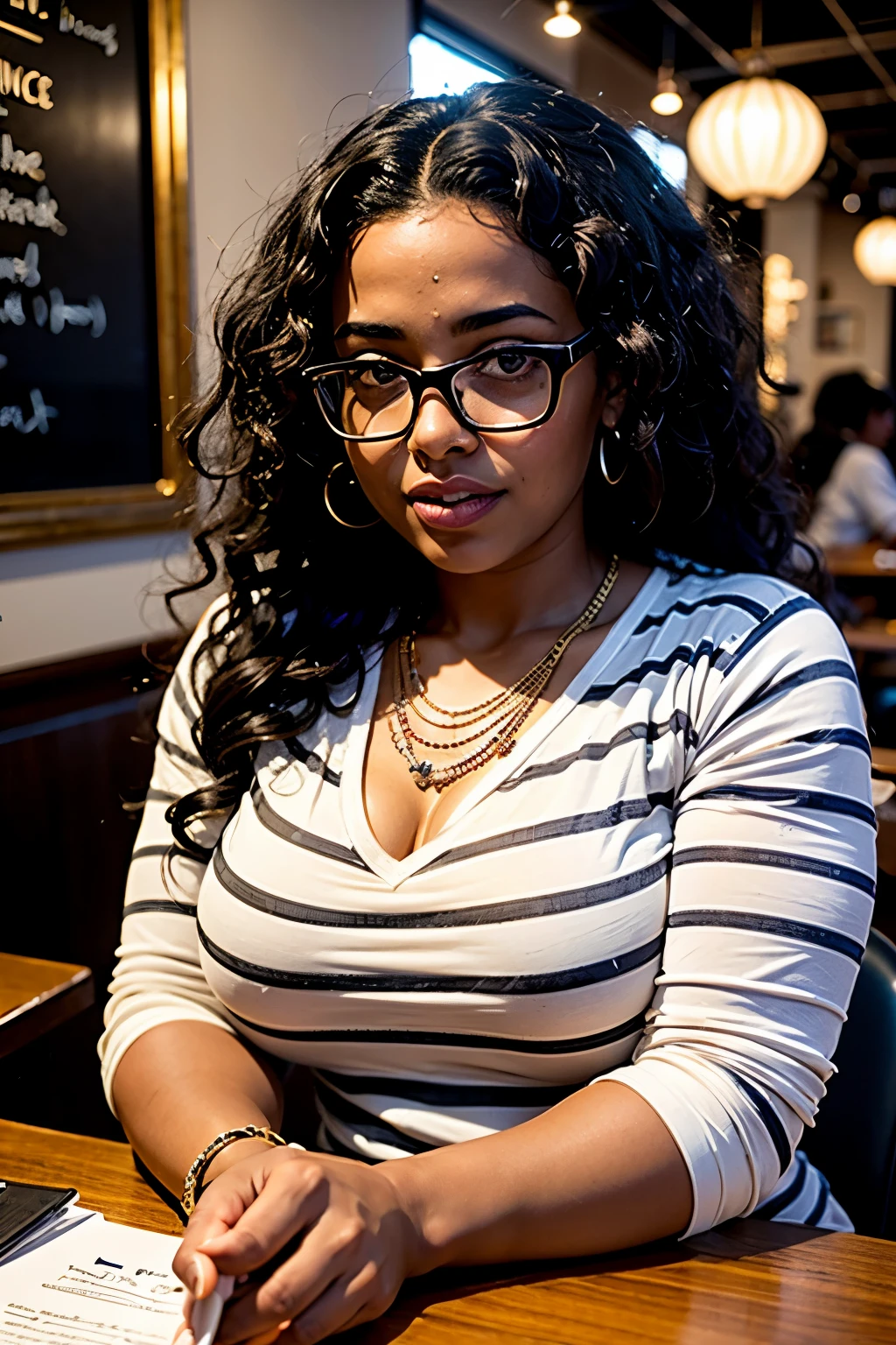 A photo of a young, plump dark-skinned nerdy Egyptian woman sitting in a cafe, wearing a striped shirt and a bow, surrounded by a cozy atmosphere, looking at the viewer. Mug of hot chocolate
Long curly hair, plump, intricate necklace, full lips, transparent fabric, flirting with the camera