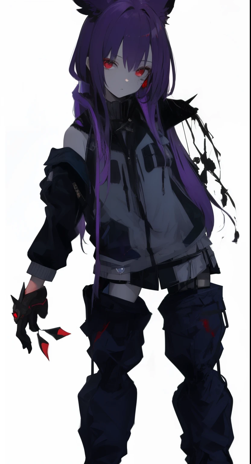 masterpiece, best quality, 1girl, purple hair, red eyes, withered face, only one arm
