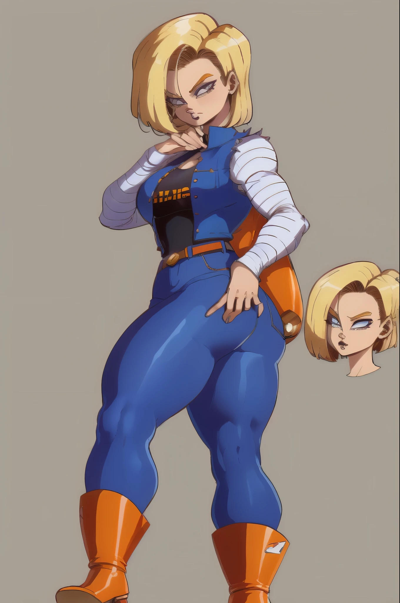 Android18, android 18 1girl, (sozinho:1.2), (Standing:1.3), (Interagindo:1.3), (mostrando perfil esquerdo), (mostrando corpo completo),( de lado), mostrando a lateral, mostrando diagonalmente, android 18 dragonball, android18 dragonball, (blue jeans), (colete jeans azul), camisa manga longa branca listrada, camisa preta, saia jeans, bota marrom, brown cowboy boots,( 4K分辨率),(perfect resolution),( rosto perfeito),(medium thighs),(de lado),(mostrando o lado),(imagem de corpo inteiro)
