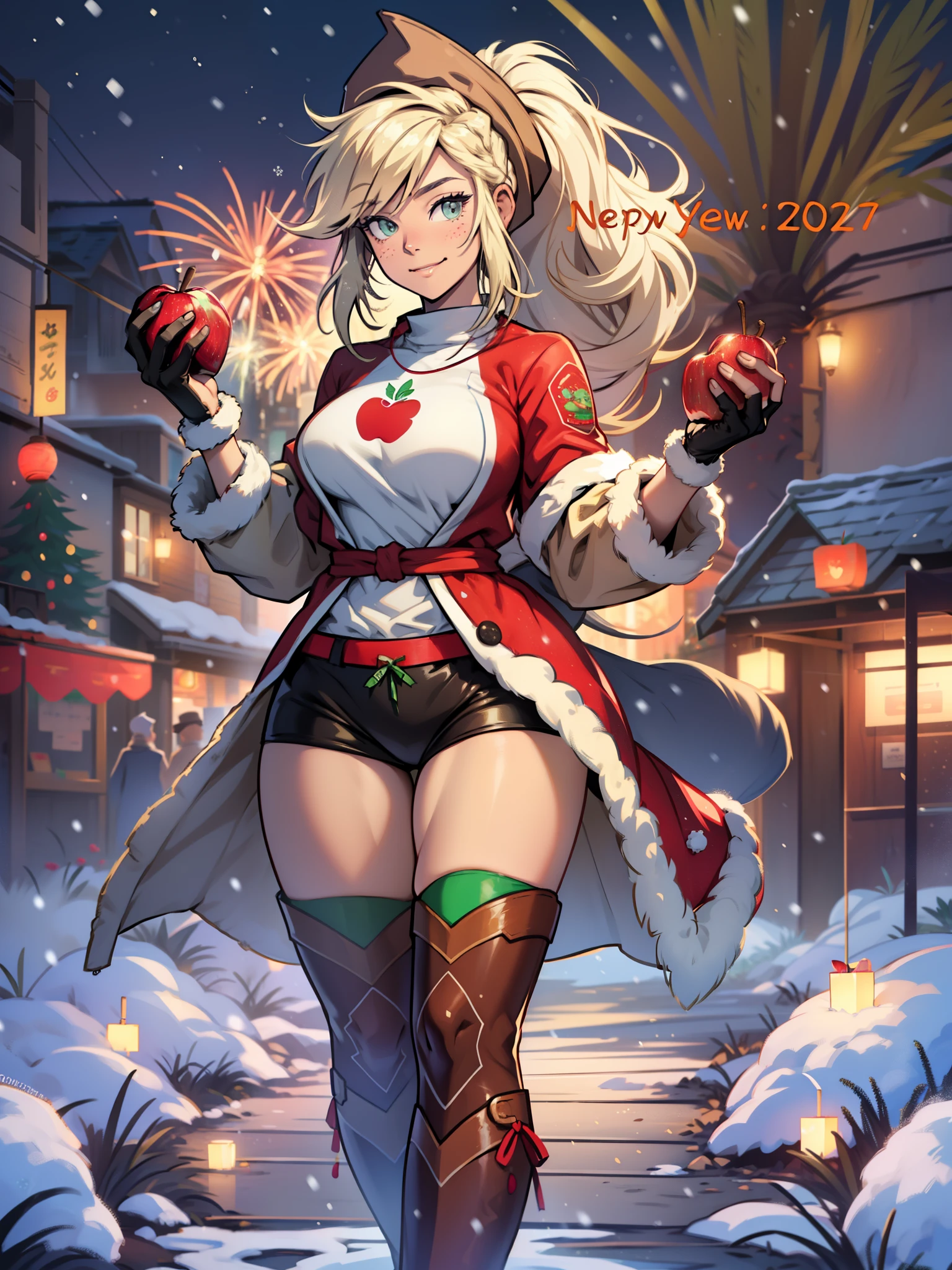 AppleJack, Applejack from my little pony, big breastes, Lush breasts, Volumetric breasts, exuberant hair, hairlong, ponytail with red hair tie, Smiling, New Year, Christmas, santa costume, New Year&#39;s down jacket, closed clothing, New Year&#39;s hat, The costume is red, New Year's Eve Outfit, in full height, New Year&#39;s boots, women&#39;s boots, a lot of Christmas lights, village, fireworks, apples,  super quality, Very detailed, snowing, Christmas tree with apples, Garland
