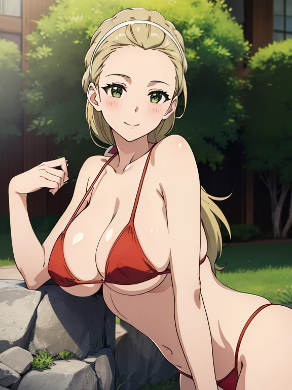 (masterpiece, top-quality, detaile, hight resolution, extremely delicate and beautiful, anime screen cap, anime colours, 8k, photorealistic), (red Micro Bikini:1.5), (huge drooping breasts:1.5, cleavage:1.5), akebi sasaki, hairband, 1girl, (), dark green eyes, smile, blush, ((from front:2.0, leaning forward:1.5, Upper body, slim:1.5)), ((perfect detailed anatomy, Beautiful details eyes&hair, beautiful face, beautiful detailed breast&body, Shiny skin)), in poolside, Sweat,