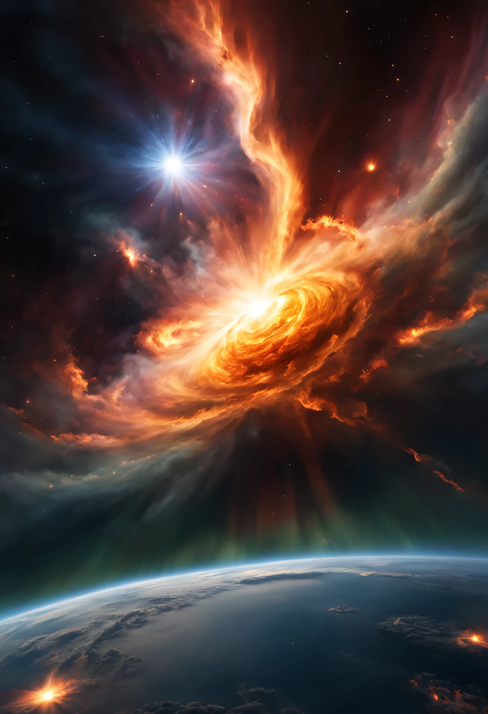 A magnificent and realistic solar storm scatters pieces of fire in space, it's very textured and realistic. Magnificent cloud of stars and galaxy