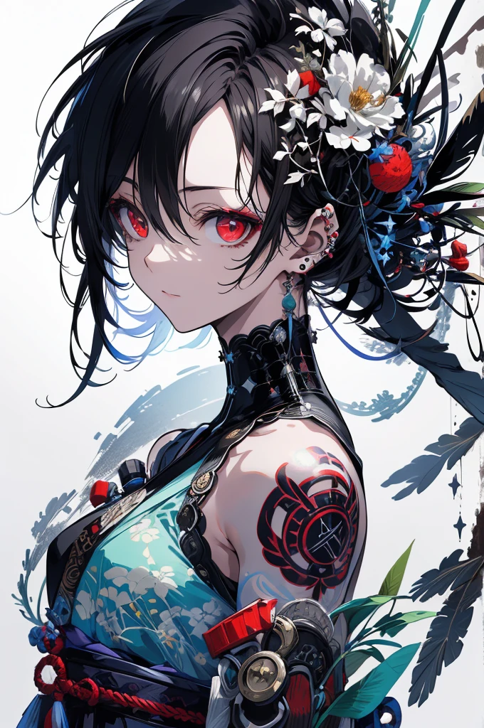 (best quality,4k,highres,masterpiece:1.2), ultra-detailed, realistic:1.37, portraits,fantasy concept art, anime, HDR, professional, vivid colors, Young man, short black hair, piercing red eyes, close up, The environment is dark and gloomy and is surrounded by colored shadows, dreamy, fairy, mystical, magical, intricate details, ultra-detailed, universe of dreams and madness, tattoos ,hair and skin, in the style of white and mint, cyberpunk city backdrop, hip-hop inspired, one color hand drawing sketch, Ancient Japan Enlightenment Symbol in Japanese aesthetics style, symmetrical