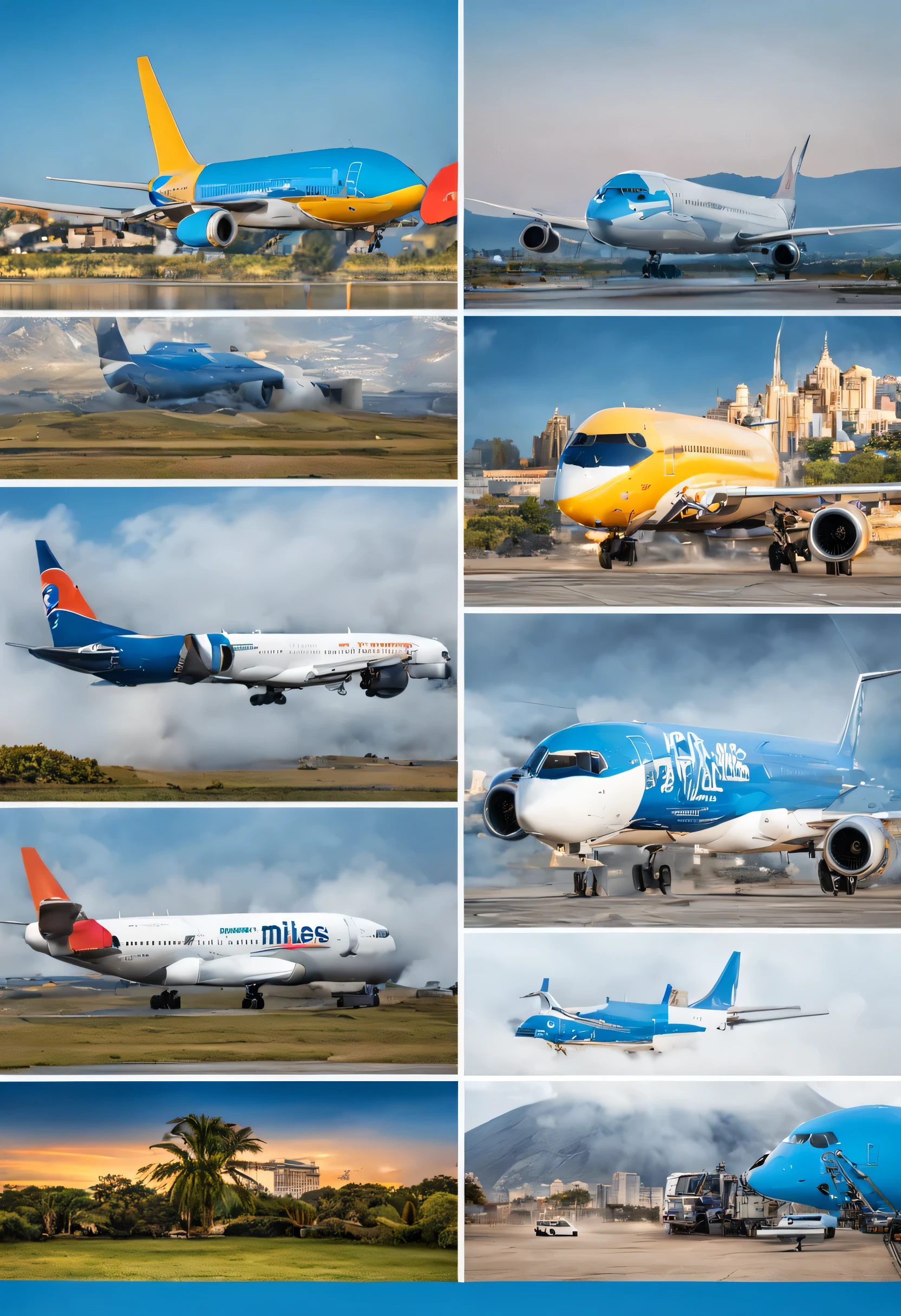 I want to create 5 separate images for my travel and tourism agency, must include air tickets, hospedagens, alugueis de carro, seguro de viagens, mileage management in each image. Usar a paleta azul. The name of the agency is Panel das Miles