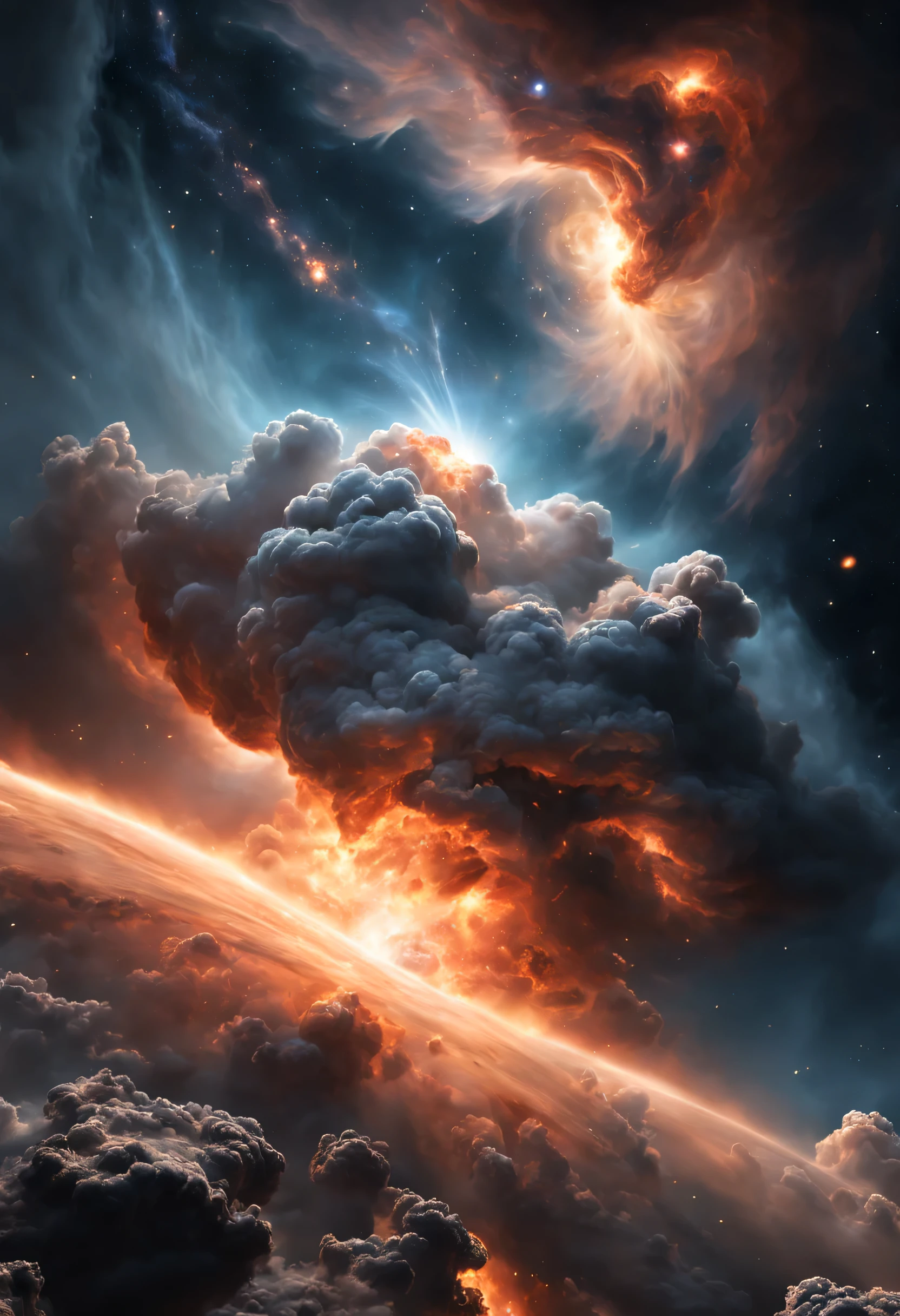 A magnificent and realistic stars storm scatters pieces of fire in space, it's very textured and realistic. Magnificent cloud of stars and galaxy