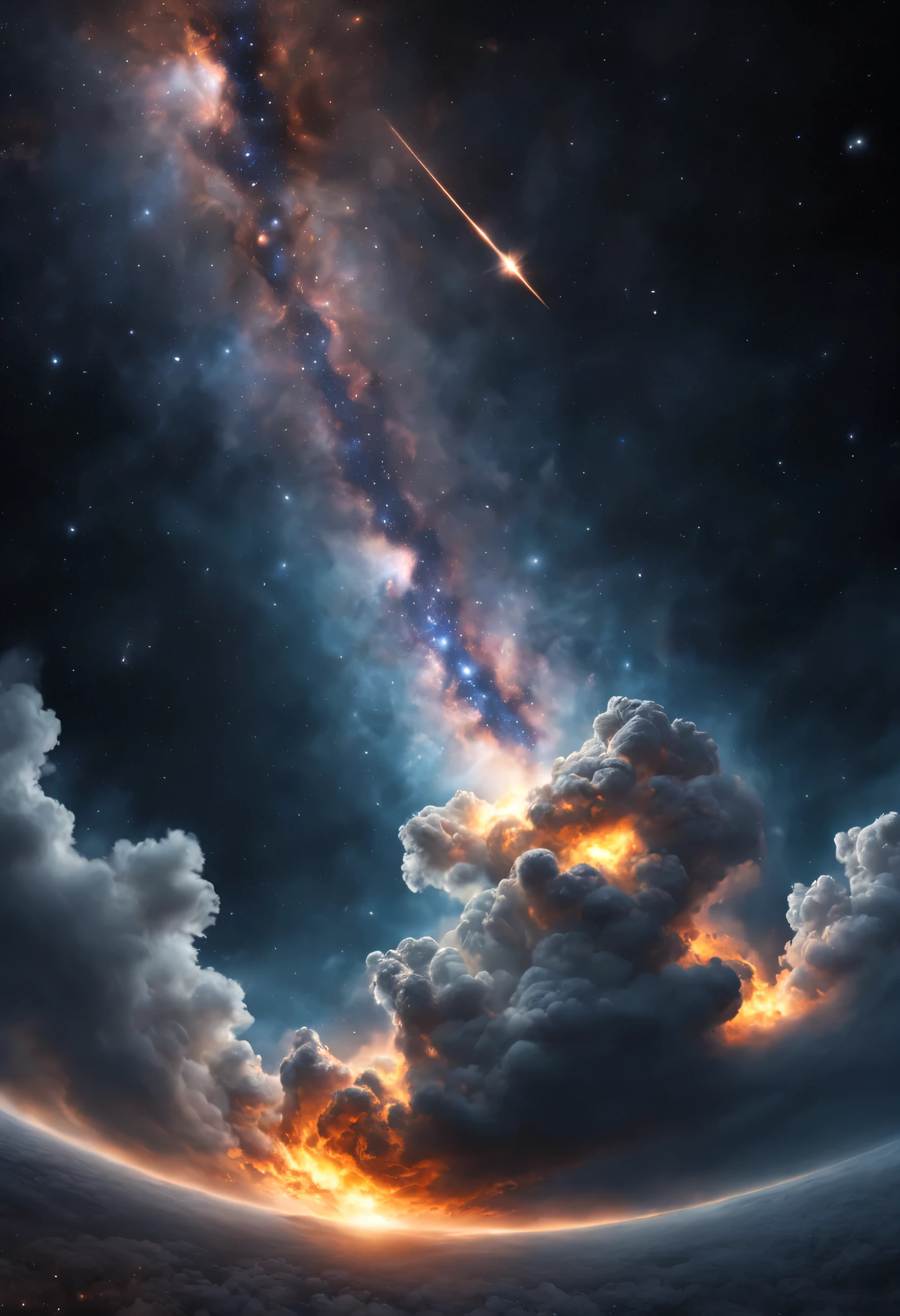 A magnificent and realistic stars storm scatters pieces of fire in space, it's very textured and realistic. Magnificent cloud of stars and galaxy
