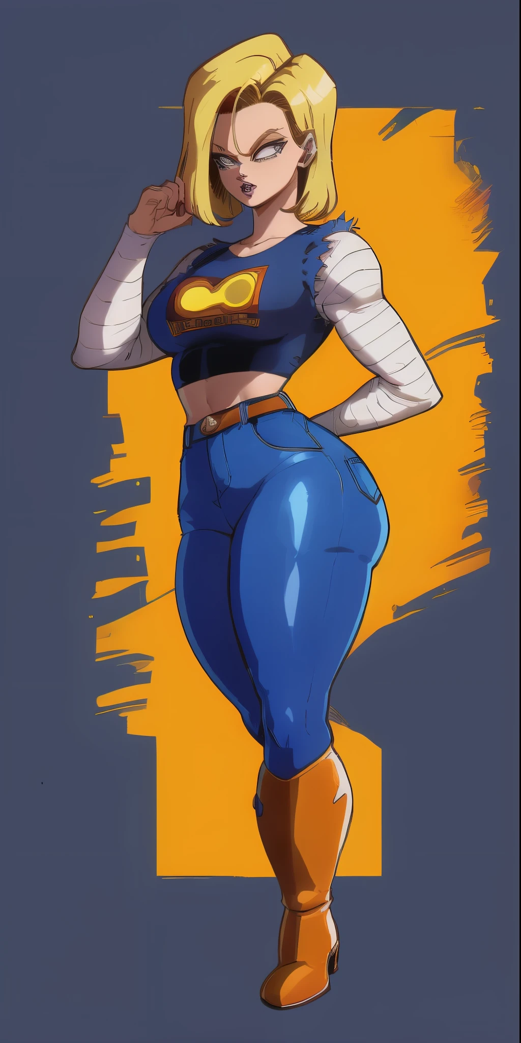 Android18, android 18 1girl, (sozinho:1.2), (Standing:1.3), (Interagindo:1.3), (mostrando perfil esquerdo), (mostrando corpo completo),( de lado), mostrando a lateral, mostrando diagonalmente, android 18 dragonball, android18 dragonball, (blue jeans), (colete jeans azul), camisa manga longa branca listrada, camisa preta, saia jeans, bota marrom, brown cowboy boots,( 4K分辨率),(perfect resolution),( rosto perfeito),(medium thighs),(de lado),(mostrando o lado),(imagem de corpo inteiro)